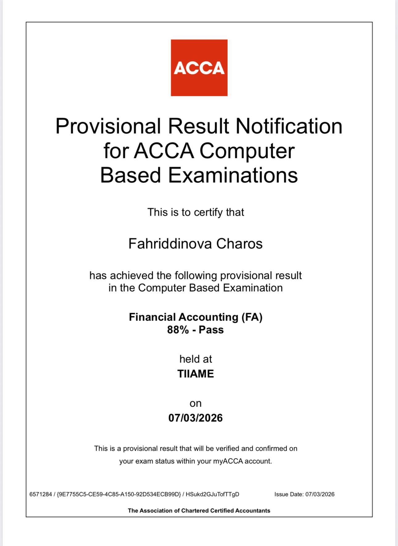 Charos Fahriddinova — ACCA FA 88