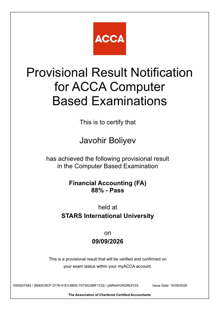 Javohir Boliyev — ACCA FA 88