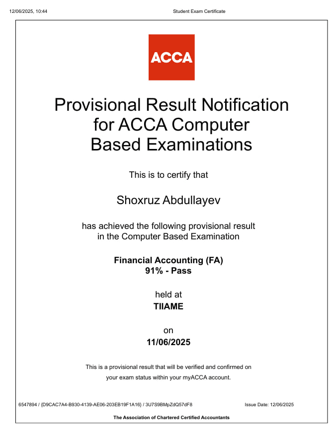 Shoxruz Abdullayev — ACCA FA 91